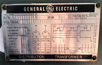750 KVA, Pri 34500GRDY/19920, Sec 208Y/120, GENERAL ELECTRIC, LIVE/RADIAL:1