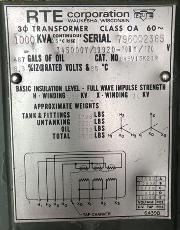 1000 KVA, Pri 34500GRDY/19920, Sec 208Y/120, RTE, LIVE/RADIAL:1