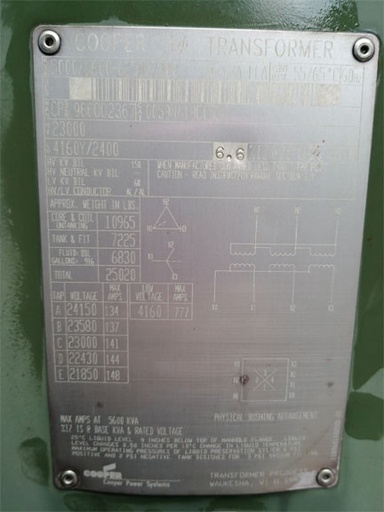 5/5.6/6.2/7 MVA Pri 23000 D, Sec 4160Y/2400, COOPER, MINERAL OIL SUB