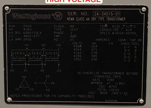2000 KVA, Pri 4160 D, Sec 480Y/277, 1993, WESTINGHOUSE, INDOOR, ALUMINUM:1