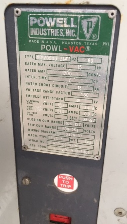 1200 Amp, POWELL, 15PV0500-31, 15 KV, 125 VDC CLOSE/240 VDC TRIP, PVS-3 MECH.:1