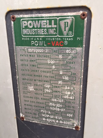 1200 Amp, POWELL, 15PV0500-31, 15 KV, 1997, 125 VDC CLOSE, 240 VDC TRIP, PVS-3:1