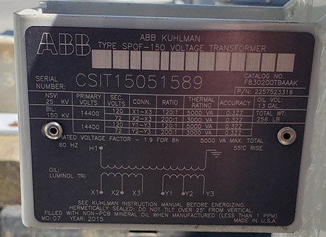 25000 V, 14400 V PRI, Sec. 120/72 V SEC, 120/200:1, ABB/KUHLMAN SPOF-150