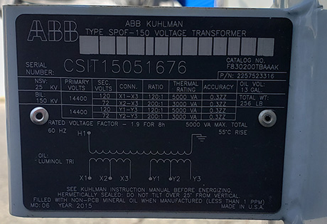 25000 V, 14400 V PRI, Sec. 120/72 V SEC, 120/200:1, ABB/KUHLMAN SPOF-150