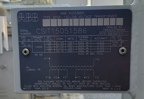 25000 V, 14400 V PRI, Sec. 120/72 V SEC, 120/200:1, ABB/KUHLMAN SPOF-150DB