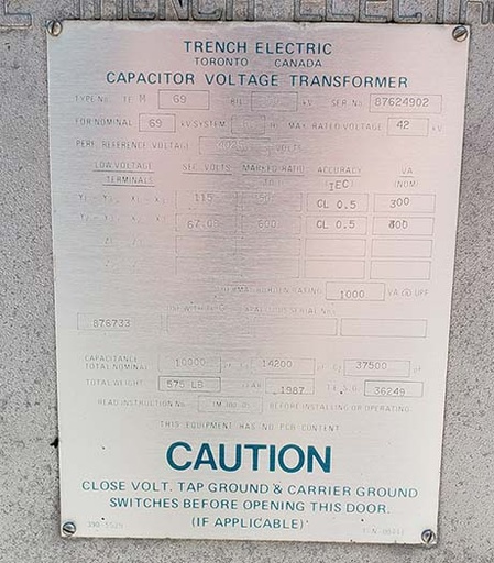69 KV, PRI. 40250 V, Sec. 115/67.08 V, TRENCH TEMF 69, CVT