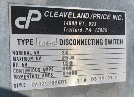 800 Amp, CLEAVELAND/PRICE, No. LCO-C, 23000 V., HOOK-STICK CA02CP02G01