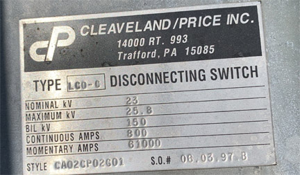 800 Amp, CLEAVELAND/PRICE, No. LCO-C, 23000 V., HOOK-STICK CA02CP02G01