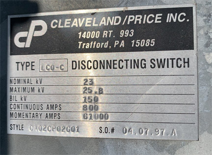 800 Amp, CLEAVELAND/PRICE, No. LCO-C, 23000 V., HOOK-STICK CA02CP02G01