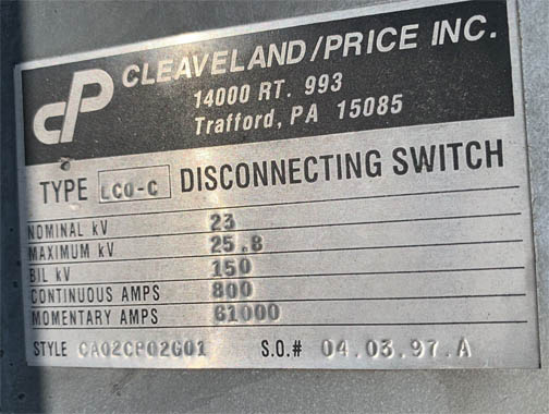 800 Amp, CLEAVELAND/PRICE, No. LCO-C, 23000 V., HOOK-STICK CA02CP02G01
