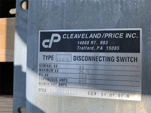 800 Amp, CLEAVELAND/PRICE, No. LCO-C, 23000 V., HOOK-STICK CA02CP02G01