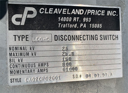 800 Amp, CLEAVELAND/PRICE, No. LCO-C, 23000 V., HOOK-STICK CA02CP02G01