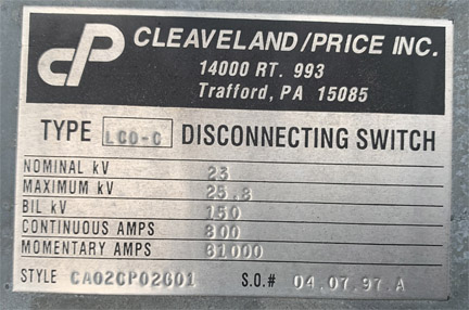 800 Amp, CLEAVELAND/PRICE, No. LCO-C, 23000 V., HOOK-STICK CA02CP02G01