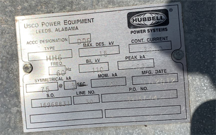 3000 Amp, USCO - HUBBELL, No. HH6, 15000 V., 2012, HOOK STICK SWITCH:1