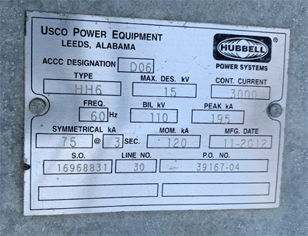 3000 Amp, USCO - HUBBELL, No. HH6, 15000 V., 2012, HOOK STICK SWITCH:1