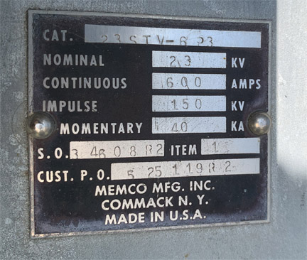 600 Amp, MEMCO, No. 23STU-6P3, 23000 V., HOOK STICK DISCONNECT SWITCH:1