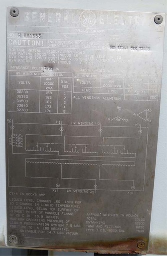 10000/12500 KVA, Pri 34500Y/19920, Sec 4160 D, GENERAL ELECTRIC, GSU