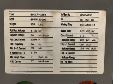 1200 Amp, EATON/CUTLER HAMMER, 50VCPW-250, 4160 V., CABINET:1