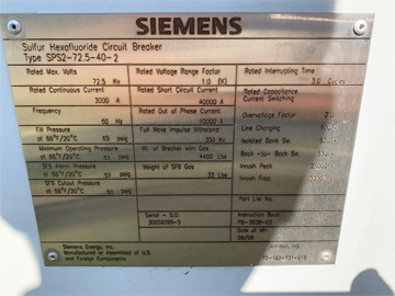 3000 Amp, SIEMENS, No. SPS2-72.5-40-2, 72500 V, 2009, 125 VDC C & T, FA2.20 MECH