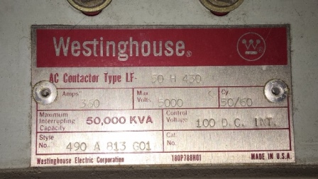 360 Amp, 5000 Volt, WESTINGHOUSE, LF50H430, CONTACTOR:1