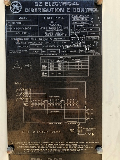 15000/22400 KVA, Pri 34500 D, Sec 4160Y/2402, GENERAL ELECTRIC