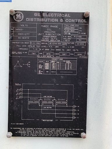 2500/3500 KVA, Pri 34500 D, Sec 480Y/277, GENERAL ELECTRIC, COPPER
