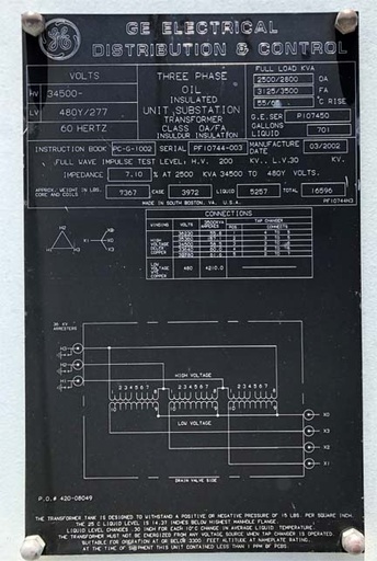 2500/3500 KVA, Pri 34500 D, Sec 480Y/277, GENERAL ELECTRIC, COPPER
