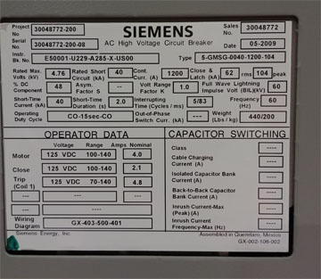 1200 Amp, SIEMENS, 5-GMSG-0040-1200-104, 4760 V., 2009, 125 VDC CONTROLS, D/O