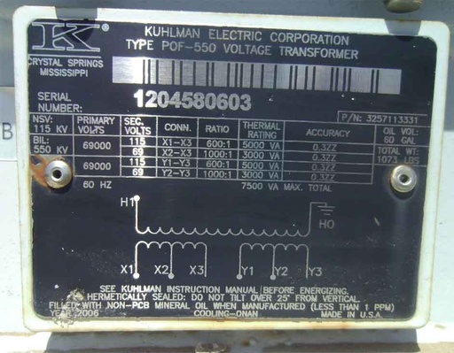 PRI 69000 V, SEC 115/69, KUHLMAN PT, 2006, 1000/600 & 1000/600 RATIO