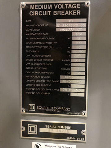 2000 Amp, SQUARE D, VR, 15 KV, 2014, V5DD222Y000, 1500 MVA, 48 VDC CLOSE & TRIP