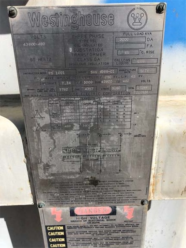 3000 KVA, Pri 43800 D, Sec 480 D, WESTINGHOUSE, ALUMINUM WINDINGS