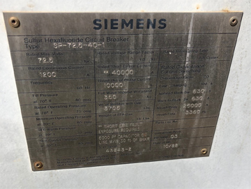 1200 Amp, SIEMENS, TYPE SP-72.5-40-1,72.5 KV, 1988, 125 VDC CLOSE & TRIP