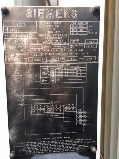 5000/7000 KVA, Pri 26400 D, Sec 4160Y/2402, SIEMENS, COPPER