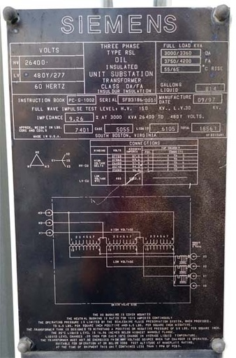 3000/4200 KVA, Pri 26400 D, Sec 480Y/277, SIEMENS, COPPER