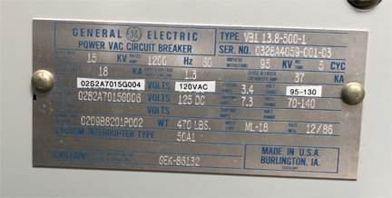 1200 Amp, GE, VB1-13.8-500-1, 15 KV, E/O, D/O, 120VAC CLOSE CAP TRIP