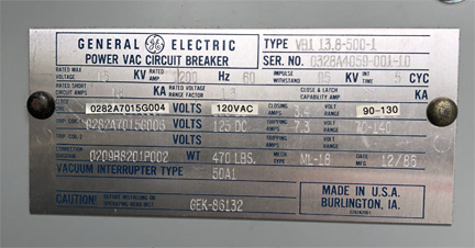 1200 Amp, GE, VB1-13.8-500-1, 15 KV, E/O, D/O, 120VAC CLOSE CAP TRIP
