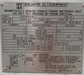 69000 V PRI, Sec. 115/67.08 V SEC, SQUARE D N5H-350, PT 600/350:1, CT 600:5 - 4