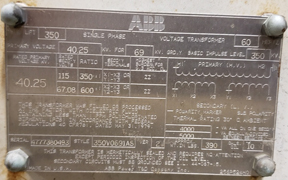 69000 V PRI, Sec. 115/67.08 V SEC, ABB, LPT-350, 600/350:1 RATIO:2