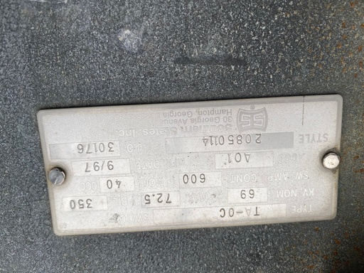 600 Amp, SOUTHERN STATES, TA-OC, 69000 V., HORIZONTAL MOUNT, VERTICAL BREAK