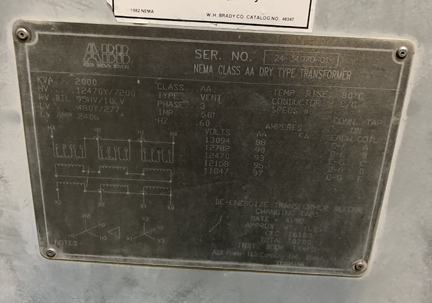 2000 KVA, Pri 12470Y/7200, Sec 480Y/277, ABB, OUTDOOR, COPPER