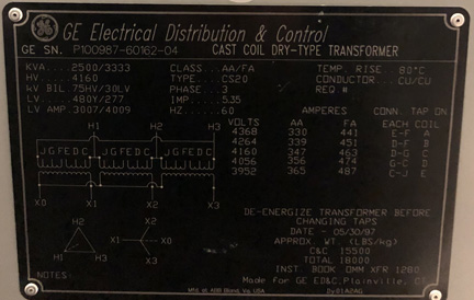 2500/3333 KVA, Pri 4160 D, Sec 480Y/277, 1997, GE, COPPER, CAST COIL, INDOOR:1