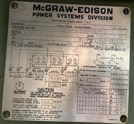 750 KVA, Pri 22900Y/13200, Sec 208Y/120, MCGRAW-EDISON, DEAD FRONT, LOOP FEED