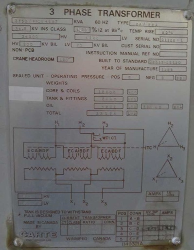 3750/4687 KVA, Pri 34500 D, Sec 4160 D, CARTE, COPPER WINDINGS;