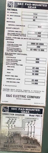 600 Amp, S & C, No. PMH-19, 15000 V., 17 KV MAX, PADMOUNT SWITCHGEAR