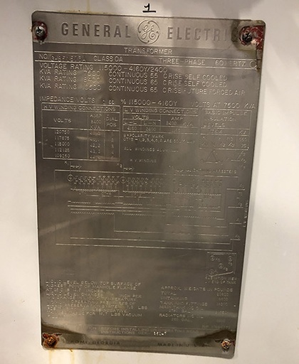 7500/10500 KVA, Pri 115000 D, Sec 4160Y/2400, GENERAL ELECTRIC, ALUMINUM