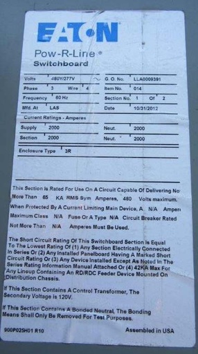 2000 Amp, CUTLER HAMMER POW-R-LINE, 690 V, PANEL (12 X 250 AMP BREAKERS), UNUSED