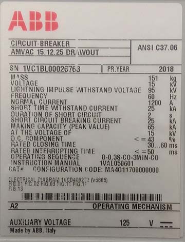 1200 Amp, ABB, ADVAC, 15 KV, 125 VDC CONTROLS, DRAW-OUT, UNUSED