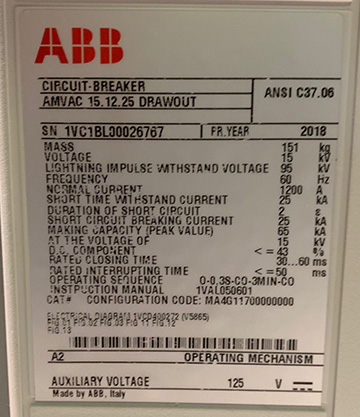 1200 Amp, ABB, ADVAC, 15 KV, 125 VDC CONTROLS, DRAW-OUT, UNUSED