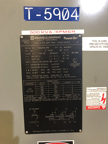 500 KVA, Pri 480 D, Sec 208Y/120, 1997, SQUARE D, OUTDOOR, ALUMINUM:1