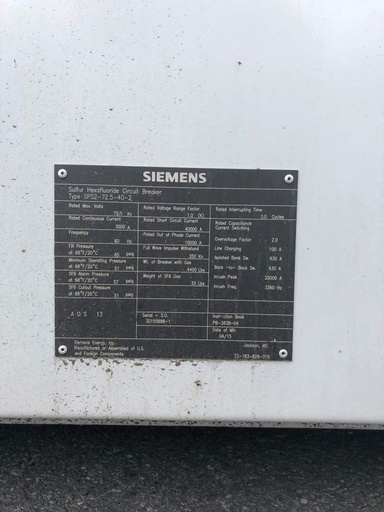 3000 Amp, SIEMENS, No. SPS2-72.5-40-2, 72500 V., 2015, 125 VDC CLOSE & TRIP:1